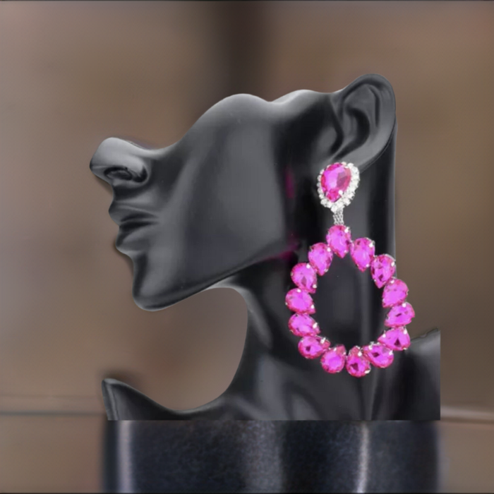 3.5 inch long big fuchsia pink earrings crystal hoop pageant prom dangle chandelier