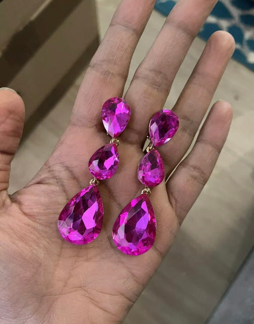3 inch clip on fuchsia hot pink gold rhinestone crystal teardrop earrings pageant