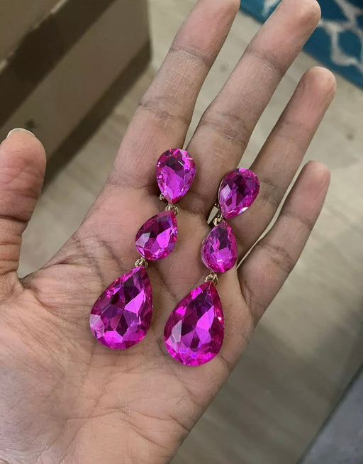 3 inch clip on fuchsia hot pink gold rhinestone crystal teardrop earrings pageant