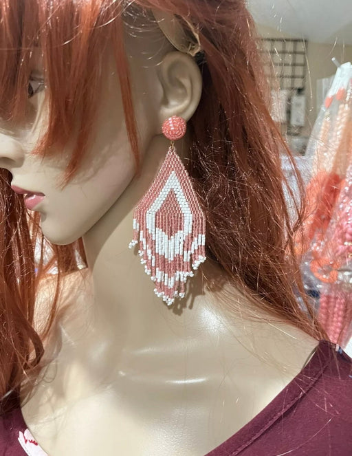 Large pink earrings boho bohemian Mexican seed bead chandelier, boho earring 5 inch baby pink earrings , light pink big beaded earrings