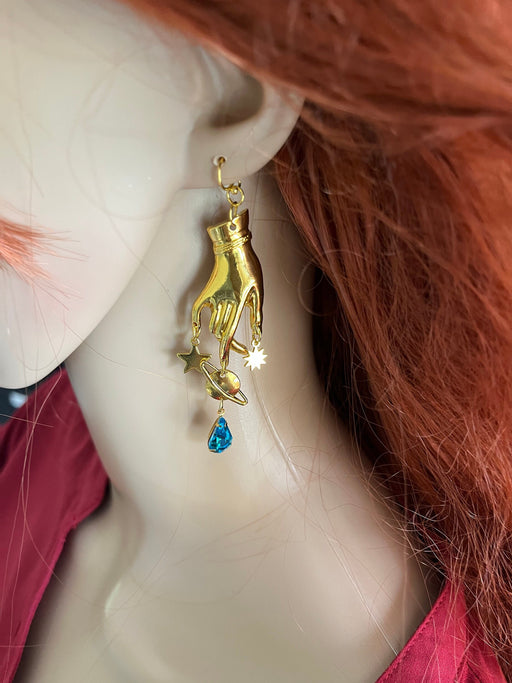 Aquamarine earrings , gold celestial earrings , Aqua earrings , gold hand earrings , moon star earring , planet earrings