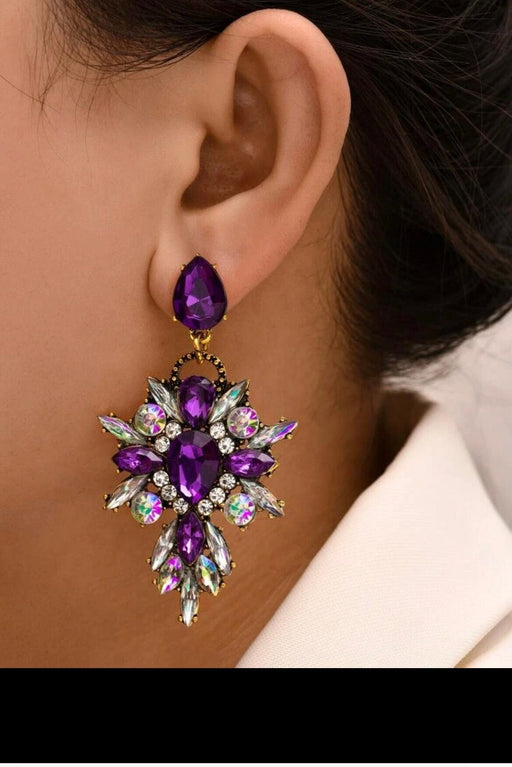 Purple Rhinestone earrings , long purple crystal earrings , purple wedding earrings , big eggplant gold rhinestone earring Ab sparkling
