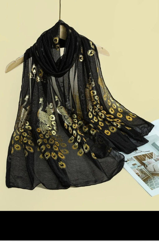 Black Scarf gold peacock long sheer evening scarve gift for women head scarf neck wedding party