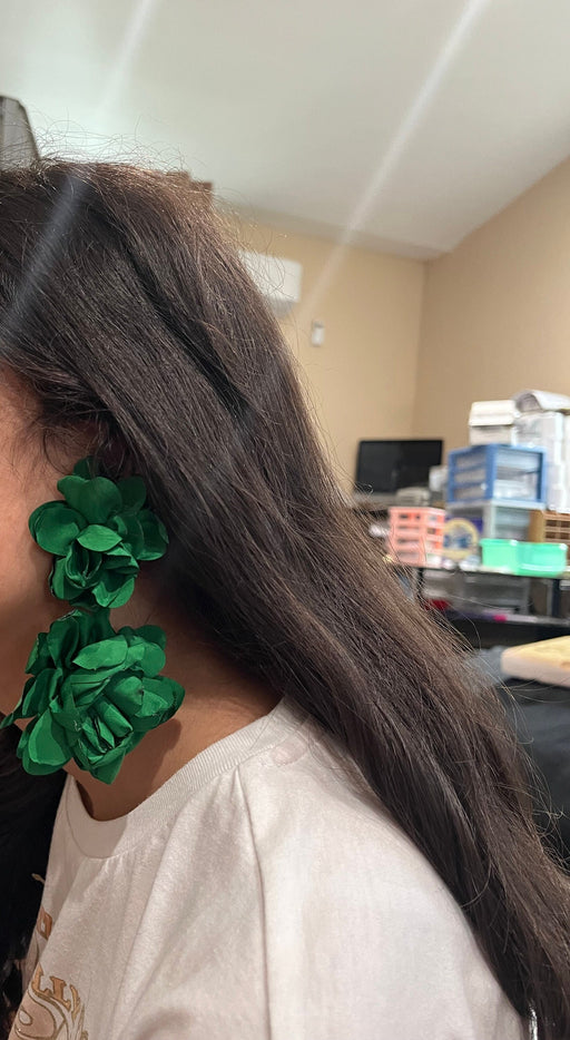 Green flower earrings , big green petal earrings ,large green fabric earrings , long rose petal earrings big