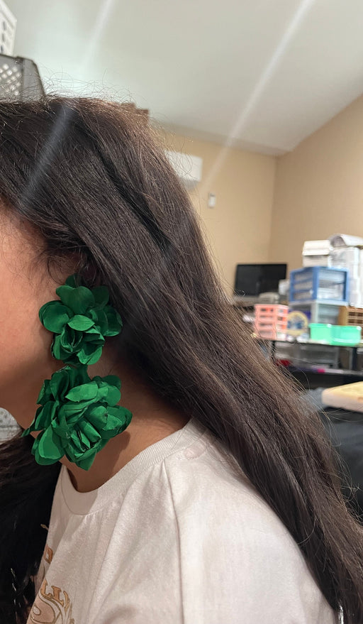 Green flower earrings , big green petal earrings ,large green fabric earrings , long rose petal earrings big
