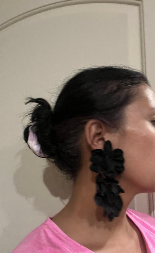 Black flower earrings , black leaf earrings , black fabric earrings , large black earrings , big black earrings soft petals