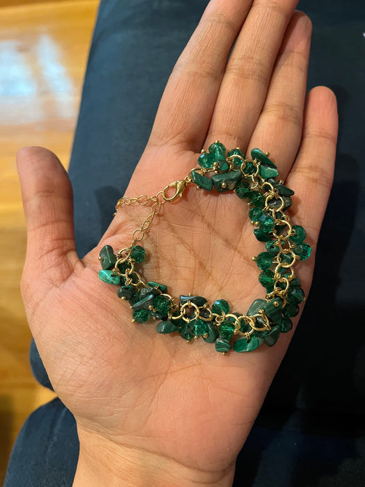 Green statement bracelet , dark green chunky gold link chain bracelet gold large bold women’s bead bracelet