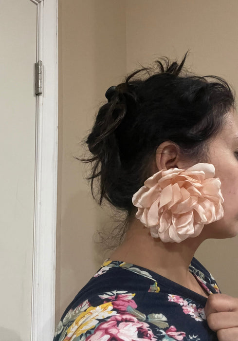 Pink champagne flower stud earrings ,huge light peach feathered earrings , large champagne earrings , big earrings fabric floral
