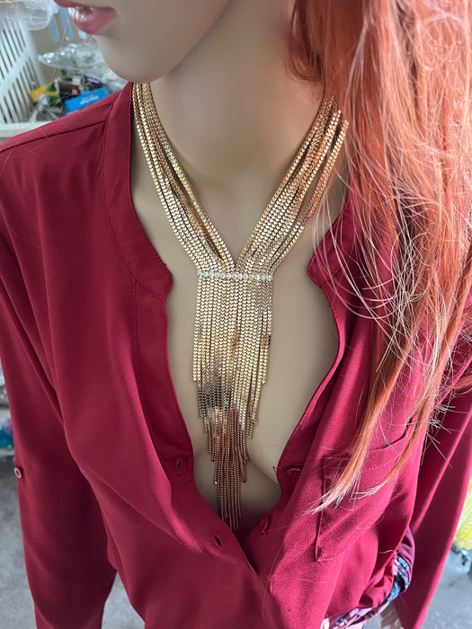 Cleavage necklace , gold fringe necklace set, cleopatra necklace, long gold chain necklace, gold bib necklace set, gold tassel and earrings