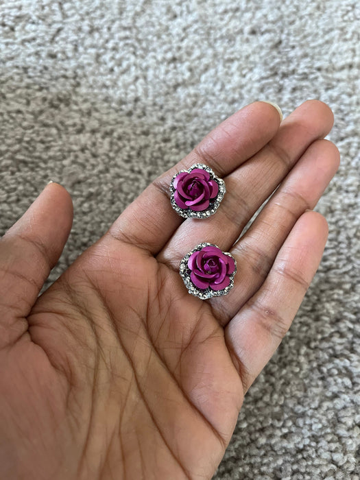 Fuchsia flower Studs, rose raspberry color stud earrings , magenta stud earrings, pageant earrings, pink crystal , dark pink flower earrings