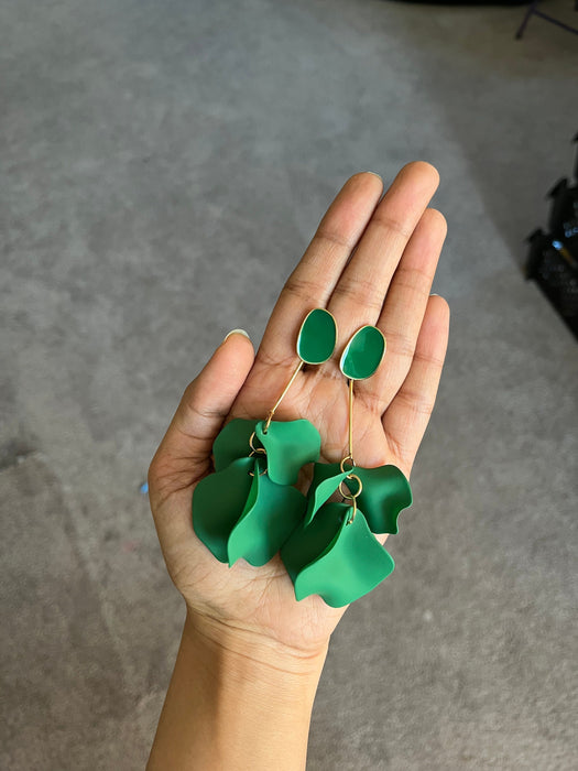 Green flower earrings , green petal earrings , green acrylic earrings , long rose petal earrings big