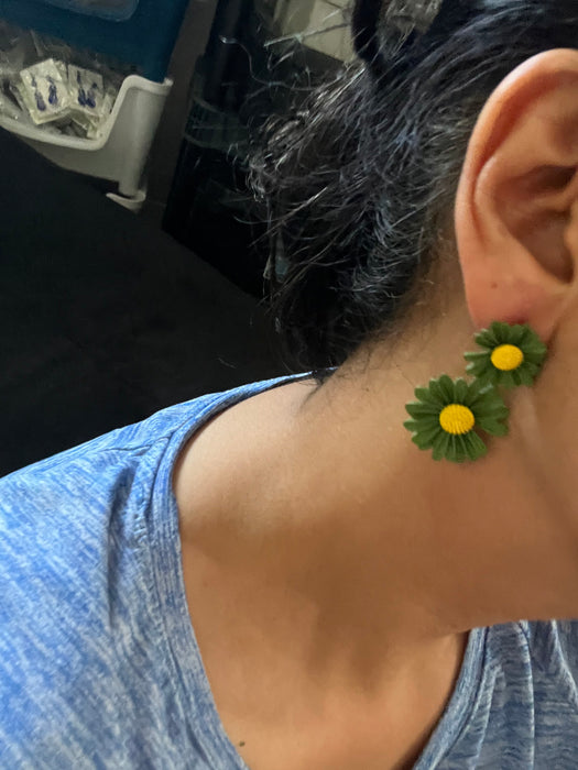 Green flower earrings , green yellow sunflower earrings , green metal earrings , long rose petal earrings olive green