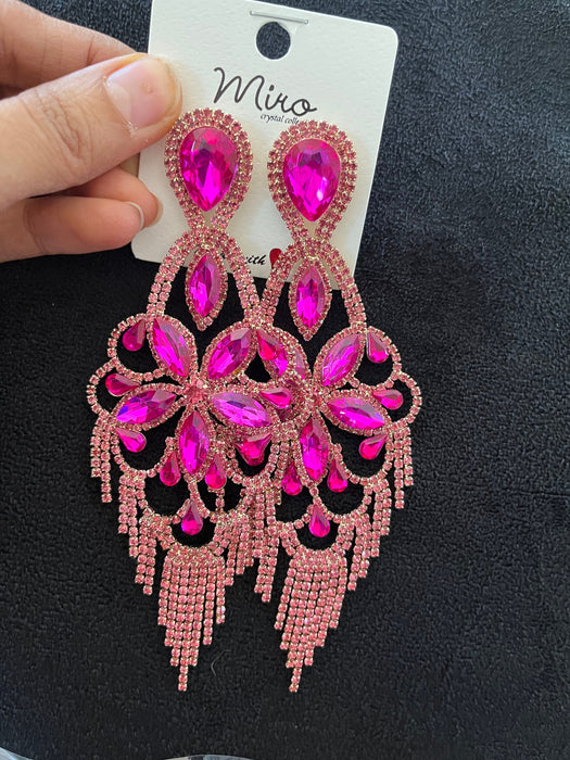 Fuchsia earring , large long magenta fuchsia earrings , big pink earring , fuchsia crystal , pink Gold , huge fringe rhinestone earring