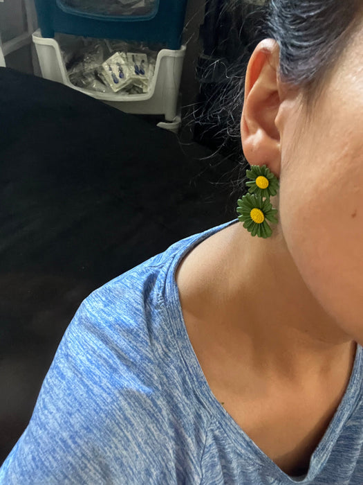 Green flower earrings , green yellow sunflower earrings , green metal earrings , long rose petal earrings olive green