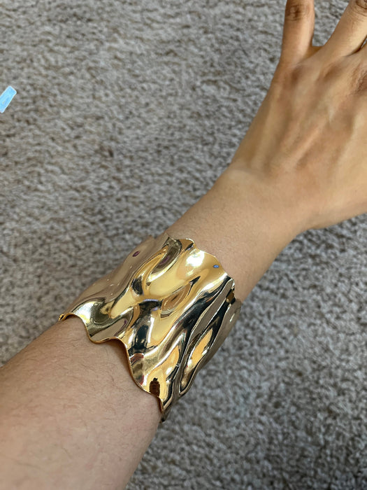 wide gold cuff bracelet chunky bangle arm cuff costume pageant showgirl metal wedding statement armor abstract wavy