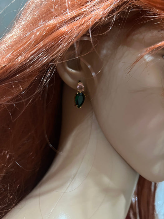 Pink and green earrings, aka earrings , small light pink dark Green crystal earrings, green pink , green teardrop, jungle green earrings