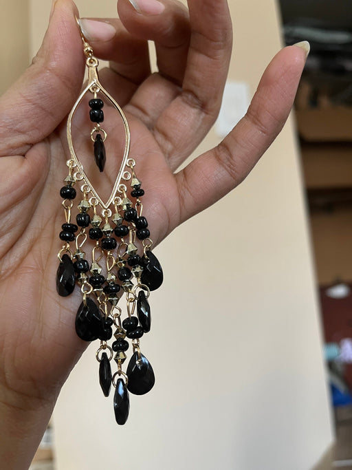 black Chandelier earrings , big 5 inch Black bead earrings , long black wedding earrings , black acrylic gold party earrings chunky