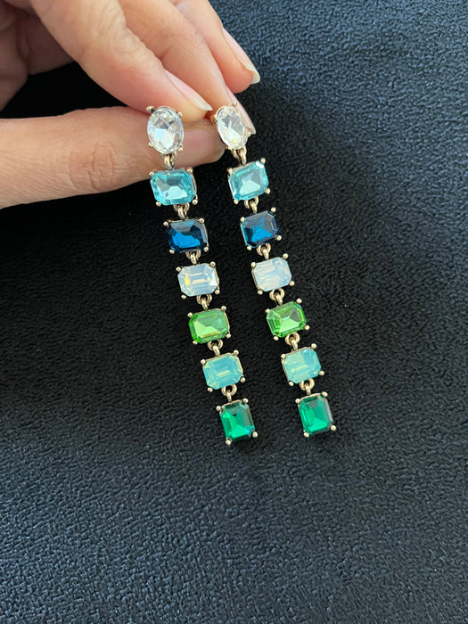 Big Blue and green earrings ,large Emerald earrings , green crystal earrings, blue chandelier rhinestone earrings crystal teal