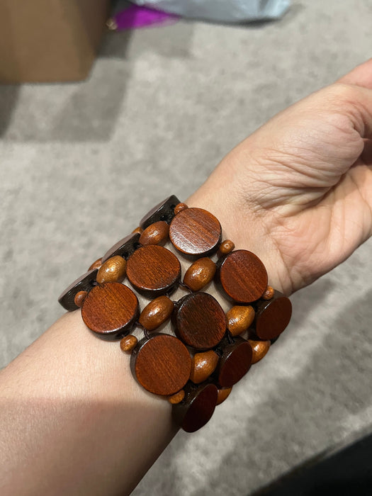 Brown statement bracelet , chunky wood bead bracelet wide gold cuff large bold wooden boho chunky womens layered