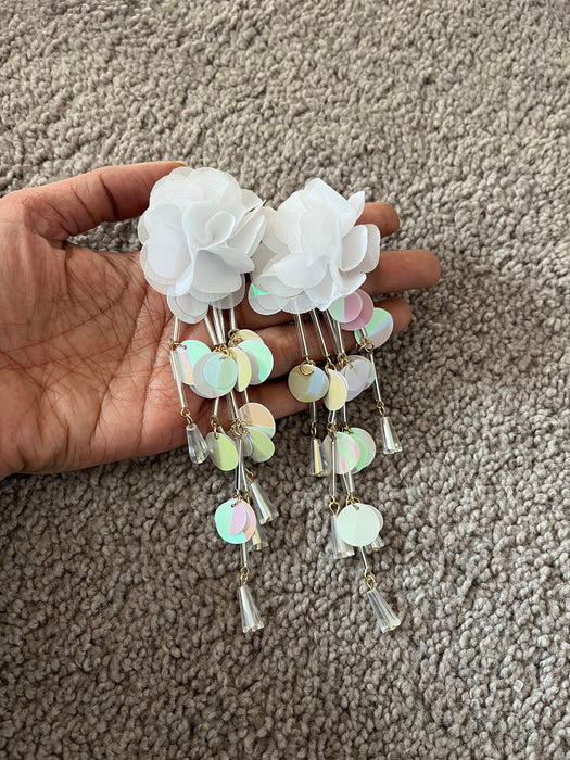 Long confetti earrings , large white flower earrings , large white chandelier earrings , big sequin iridescent rainbow earrings