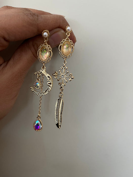 Long Aurora borealis earrings , gold iridescent earrings , mismatched earrings , big irregular gold earrings ,l