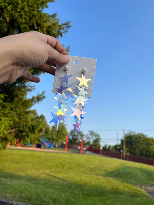 Long iridescent earrings , long star chain earrings , celestial earrings , long rainbow earrings , chandelier earrings