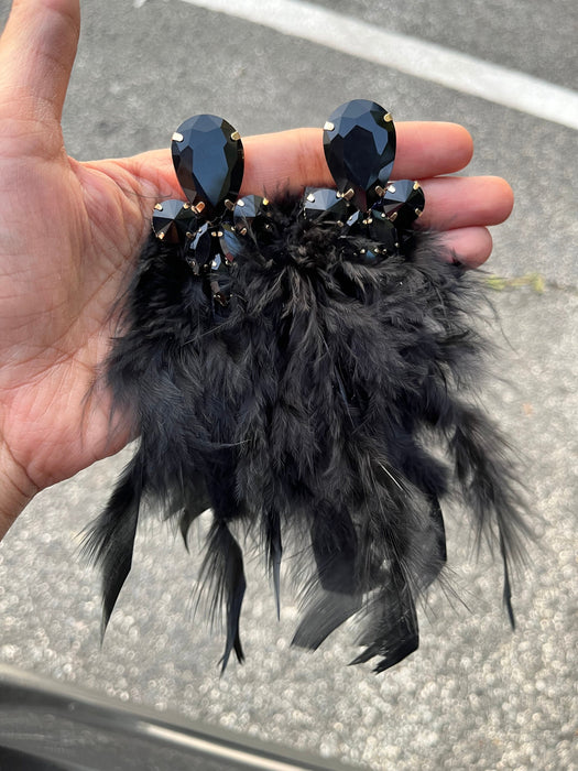 Large black earrings , black Fur earrings , oversized black crystal earrings , black wedding earrings showgirl pageant