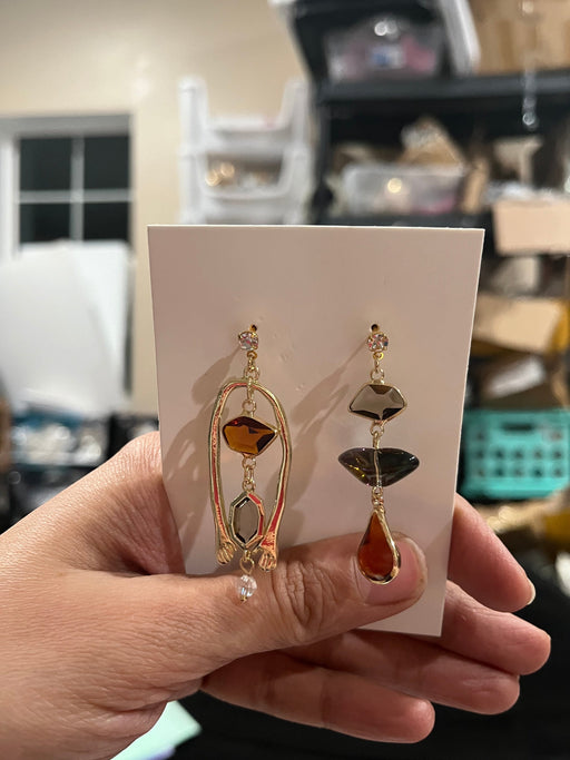 Long gold earrings , large gold earrings irregular mismatched ,chunky stone vintage style acrylic ,orange gold earrings long , statement