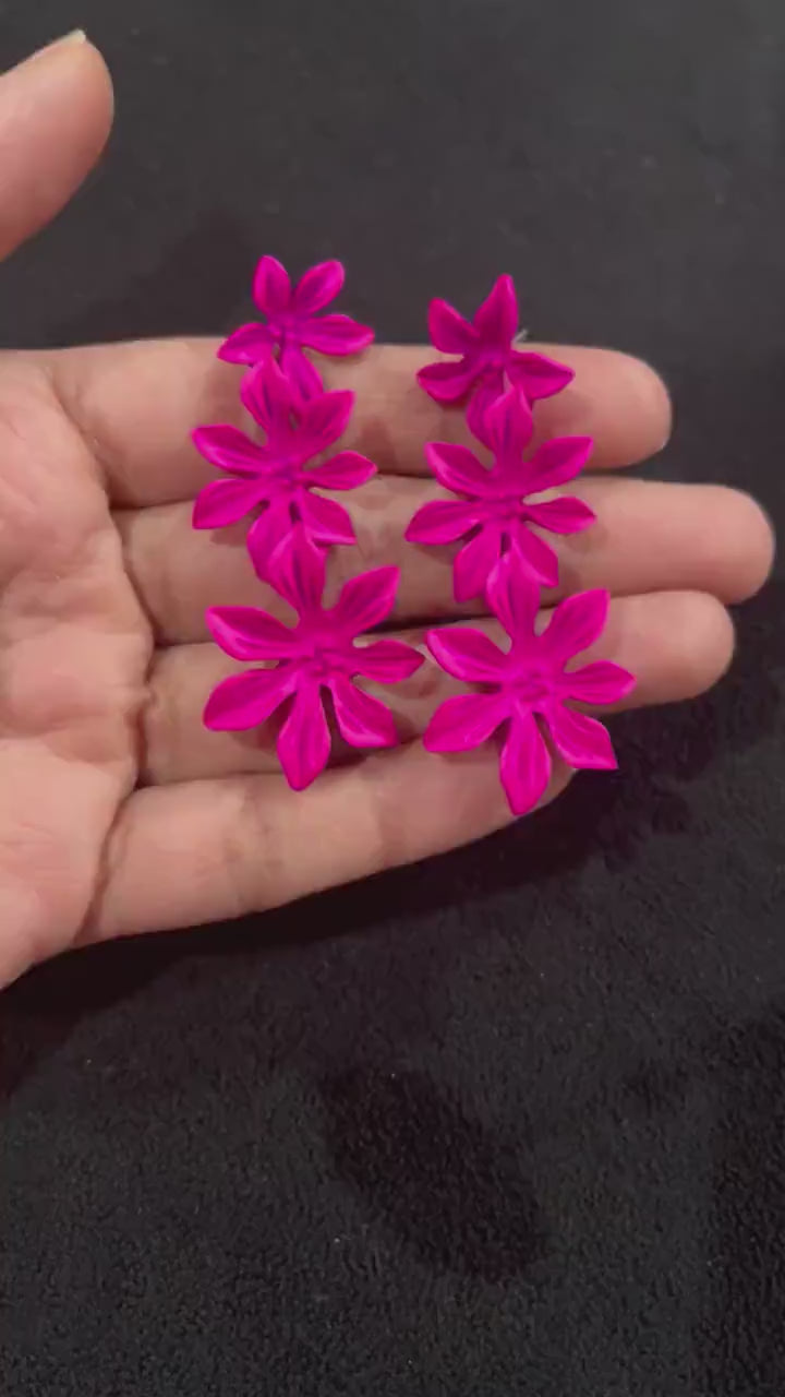 Fuchsia pink earrings , pink flower earrings , bright pink floral earring , long fuchsia earrings pageant wedding