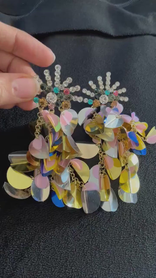 Long confetti earrings , large gold blue pink earrings , large chandelier earrings , big sequin earrings multicolor rainbow rhinestone