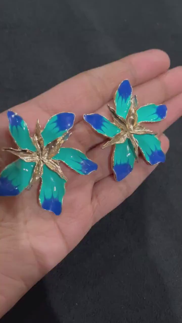 Large Blue earrings stud Flower turquoise sea green royal blue gold Pageant oversized  Earrings