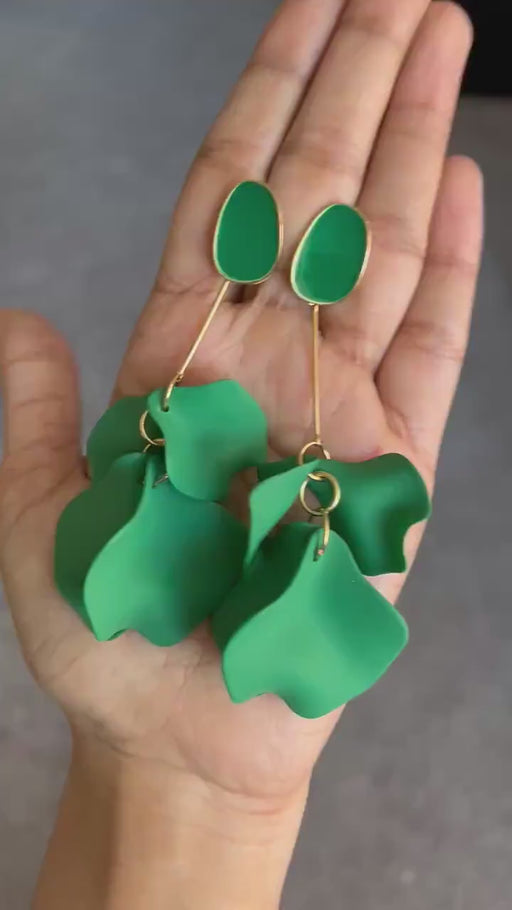 Green flower earrings , green petal earrings , green acrylic earrings , long rose petal earrings big