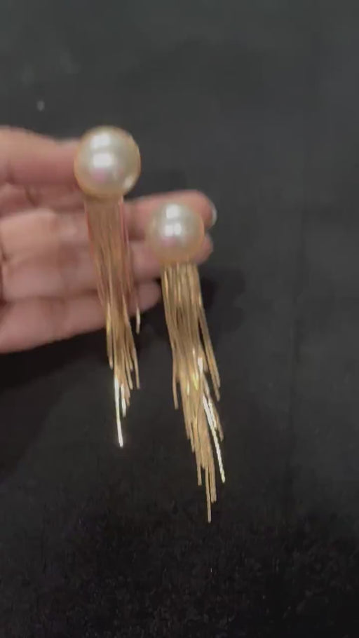 Cream gold earrings , long gold fringe  earrings , long cream earrings , gold  bride earrings , white pearl earring