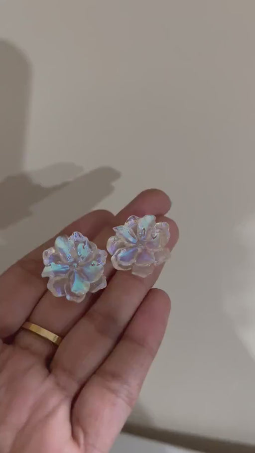 Chunky Clear Acrylic earrings , studs flower clear white earrings , ice large holographic ,  iridescent acrylic earrings , white stud