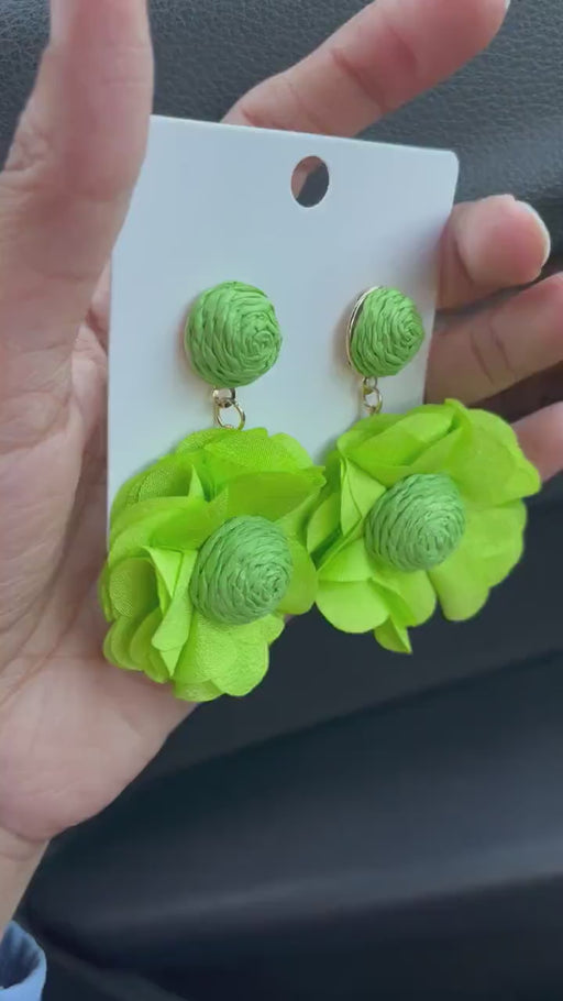 Light Green flower earrings , Lime green petal earrings , bright green  earrings , long rose petal earrings big