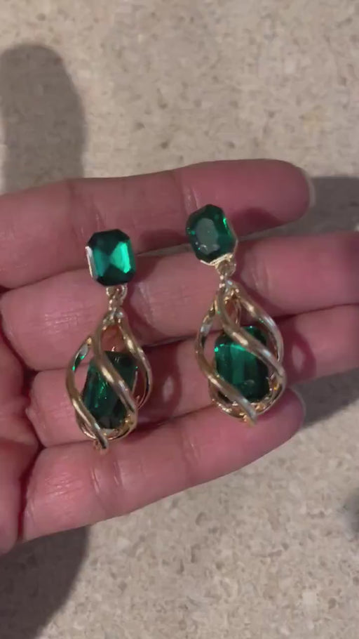 green crystal earrings ,long Green gold earrings , green crystal earrings, rhinestone earrings sparkling