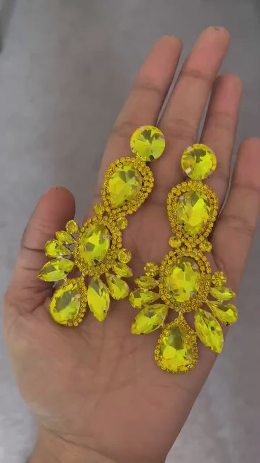 Big Yellow earrings , large yellow jonquil earrings , yellow rhinestone earrings ,yellow  crystal earrings , chandelier huge pierced