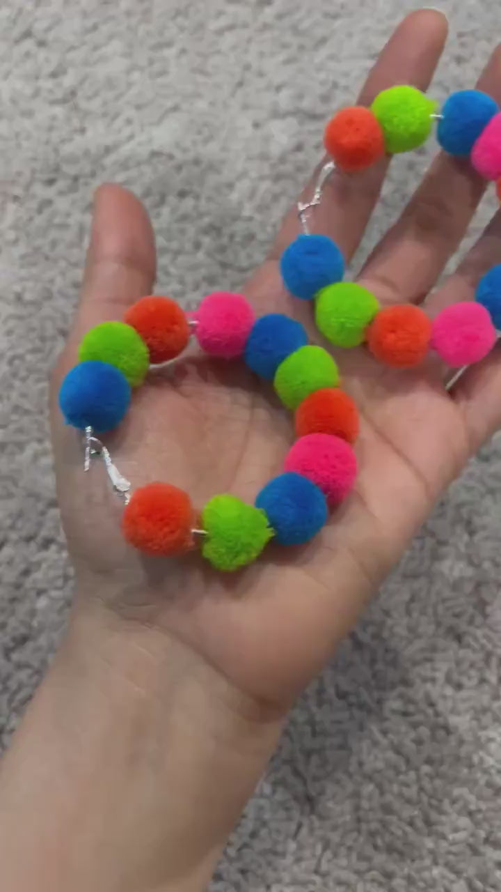 Large colorful earrings , Big multicolored hoops , big green blue pink hoop earrings , chunky rainbow hoop earring Pom pom