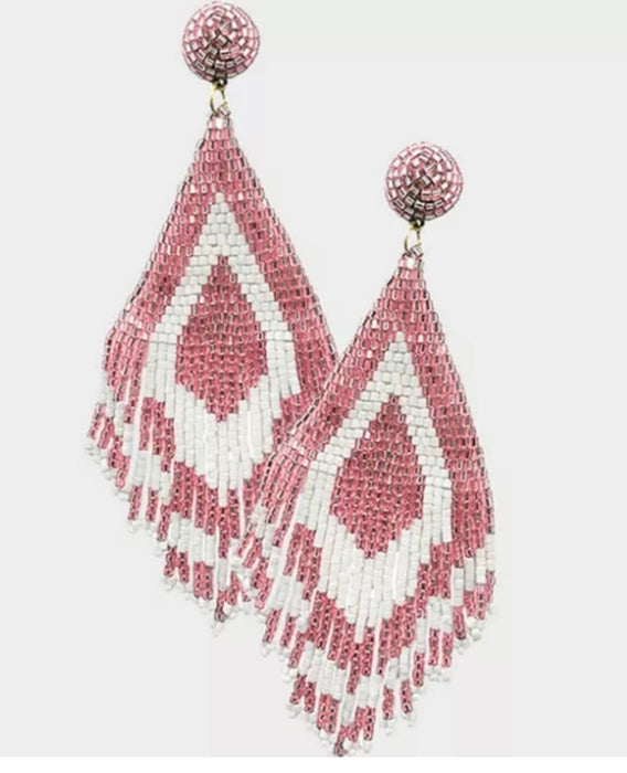 Large pink earrings boho bohemian Mexican seed bead chandelier, boho earring 5 inch baby pink earrings , light pink big beaded earrings