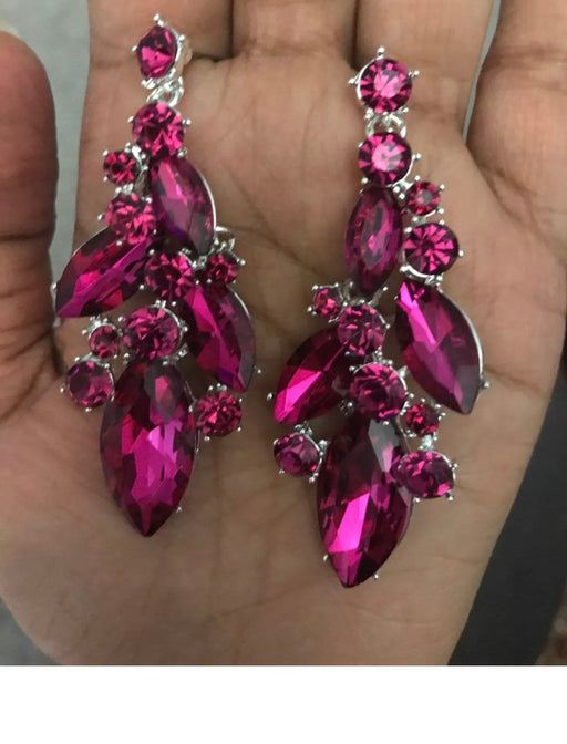 Fuchsia silver crystal earrings, magenta earrings, hot pink rhinestone earrings, pink pageant earrings pierced