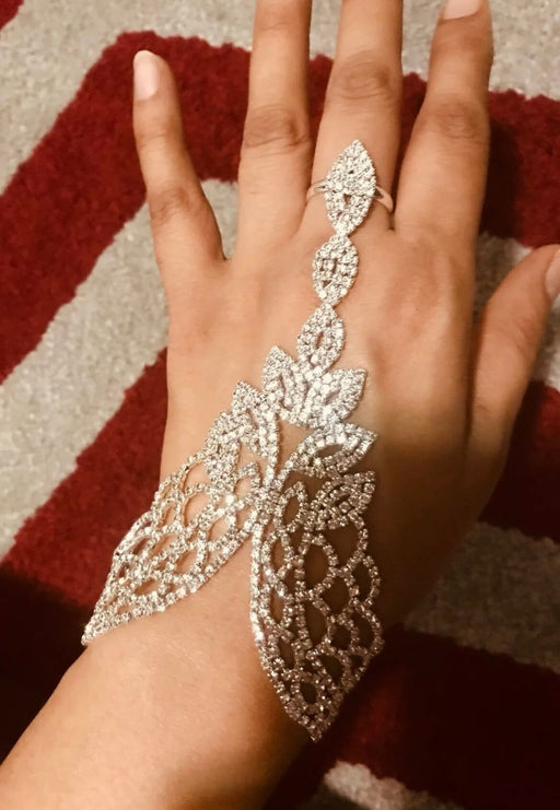 White bracelet Silver Clear White Crystal Rhinestone Wedding Slave Hand Chain Ring Bracelet