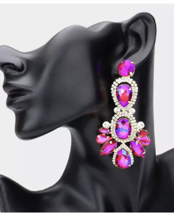 Fuchsia Ab chandelier earrings , magenta rhinestone earrings , pink Ab chandelier earrings, large fuchsia earrings, big pink Ab earrings,