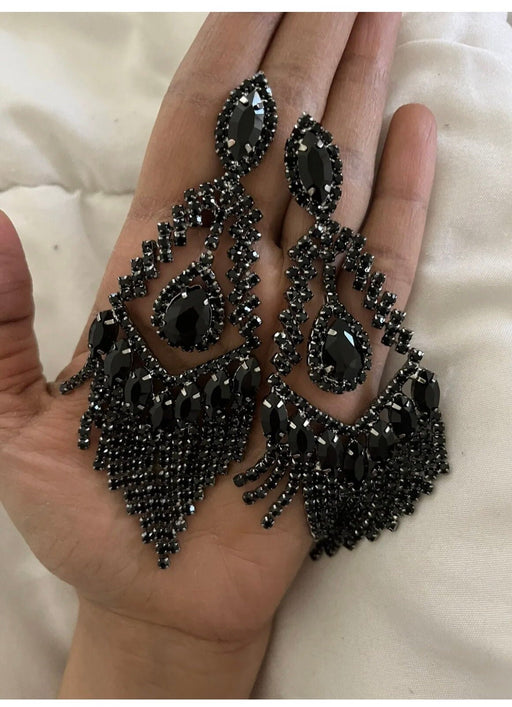 Black fringe earrings, large black crystal earrings, large chandelier earrings, big black rhinestone earrings pageant 4.75 inch long