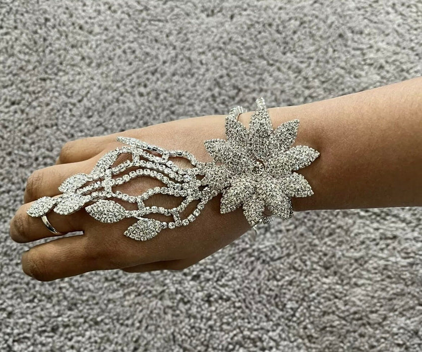 White Rhinestone bracelet, clear hand chain silver bracelet and ring set, bridal flower bracelet with ring, clear cuff