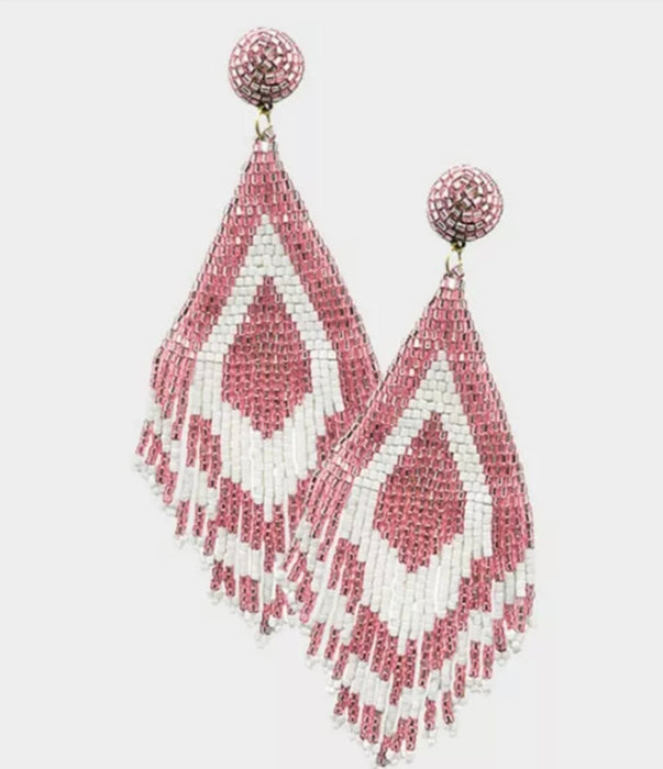 Large pink earrings boho bohemian Mexican seed bead chandelier, boho earring 5 inch baby pink earrings , light pink big beaded earrings