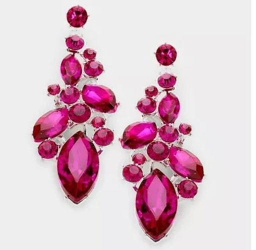 Fuchsia silver crystal earrings, magenta earrings, hot pink rhinestone earrings, pink pageant earrings pierced