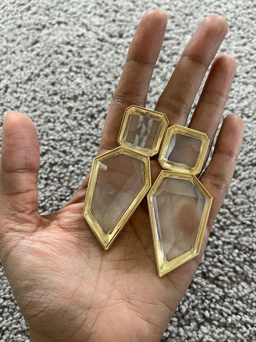 Large Gold clear earrings, chunky clear white and gold earrings, gold clear acrylic crystal earrings , bold statement earrings 3.75”