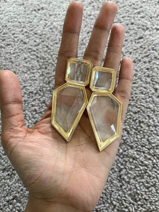 Large Gold clear earrings, chunky clear white and gold earrings, gold clear acrylic crystal earrings , bold statement earrings 3.75”