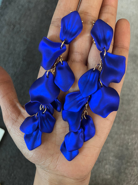 Royal blue earrings , blue petal earrings , blue flower earrings , long blue earrings , blue wedding earrings , large blue earrings