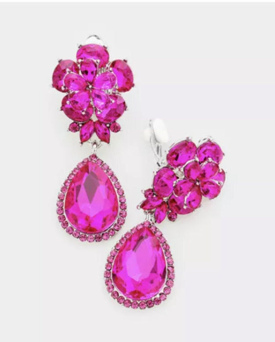 Clip on fuchsia flower earrings, clip on fuchsia earrings, clip on pink earrings, magenta earrings , clip hot pink earrings teardrop 2”